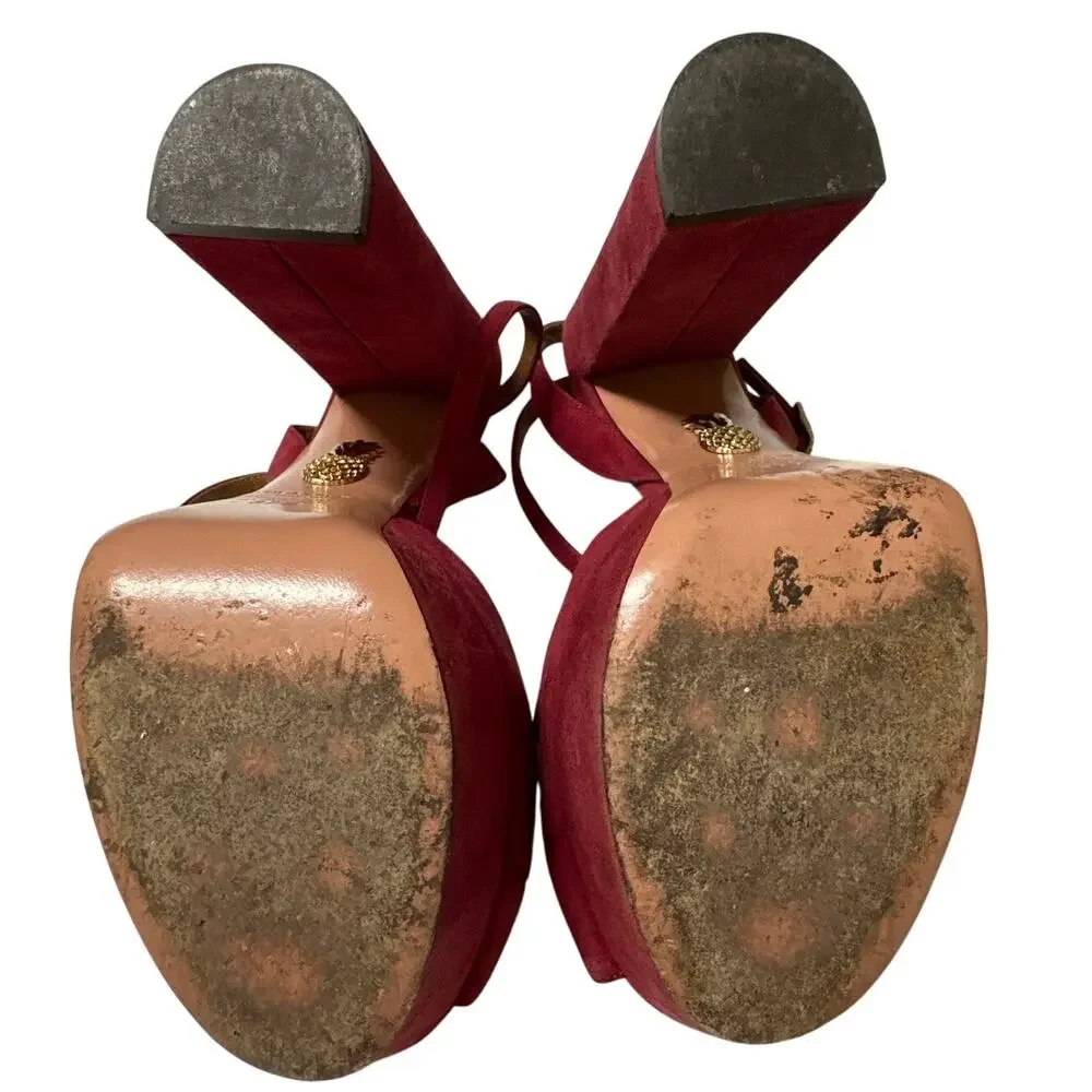 Aquazzura Mira Red Suede Platform Heels IT 37.5 US 7.5 Block Slingback Sandals